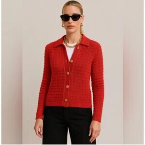 Talbots 2024 Textured Polo Cardigan Red Gold Buttons 100% Cotton Preppy L